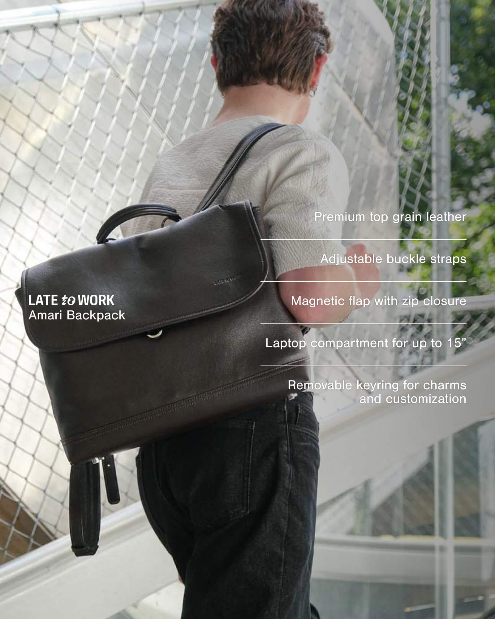 Brown Amari top grain leather backpack worn on one shoulder