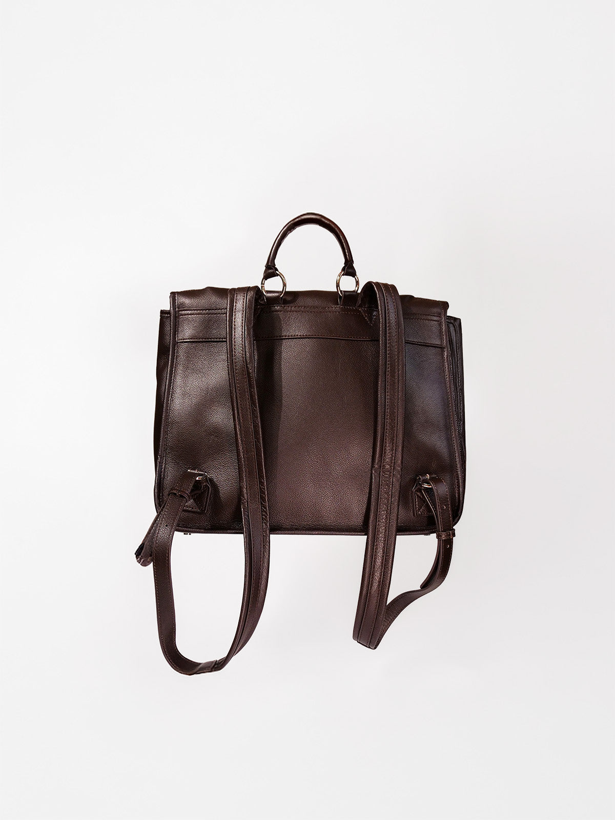 Brown Amari top grain leather backpack back view showing adjustable straps