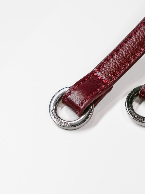Close-up of a red leather strap with silver metal rings on a white background