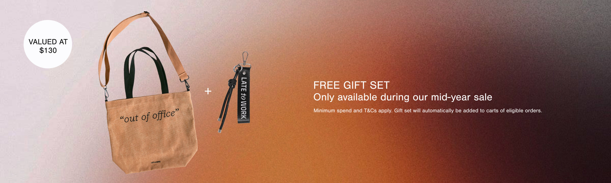 Brown bag with a keychain on a gradient background with promotional text.