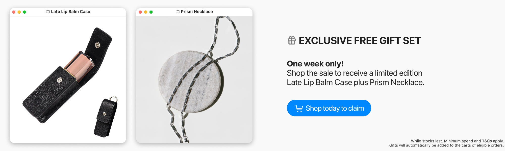 Promotional offer for a free gift set with a lip balm case and necklace on a white background.