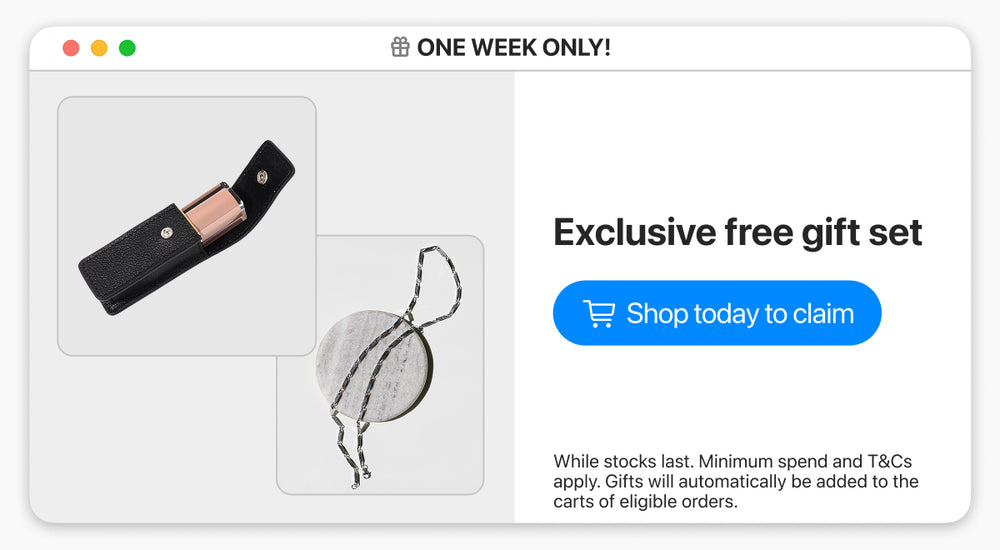 Promotional graphic for an exclusive free gift set with a 'Shop today to claim' button.