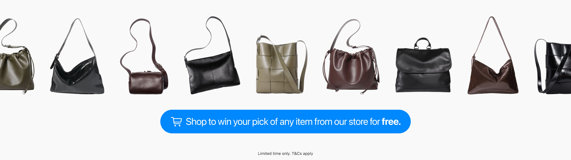 Row of handbags displayed with a promotional call to action button.