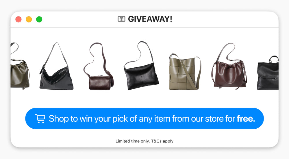 Promotional graphic for a giveaway with images of handbags and a call to action button.