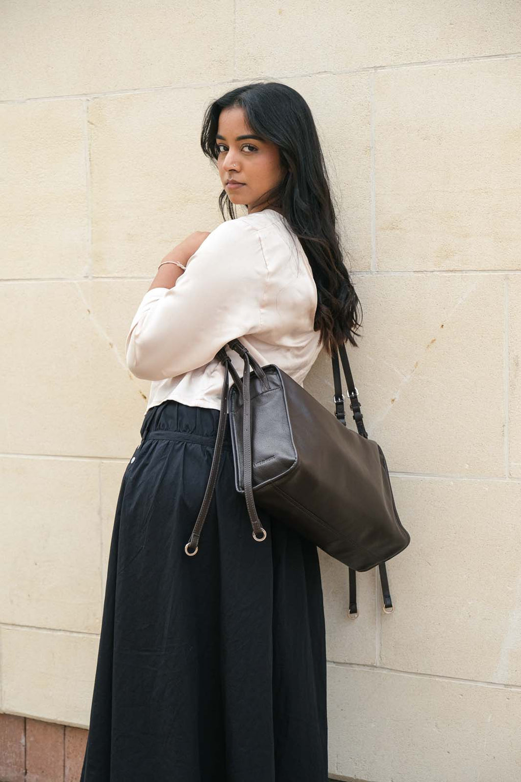 Brown Willow Bag worn crossbody on back