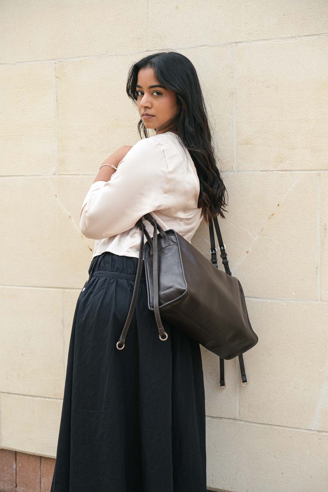 Brown Willow Bag worn crossbody on back