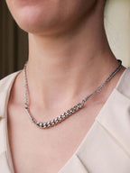 Close-up of a person wearing a silver chain necklace with a neutral background