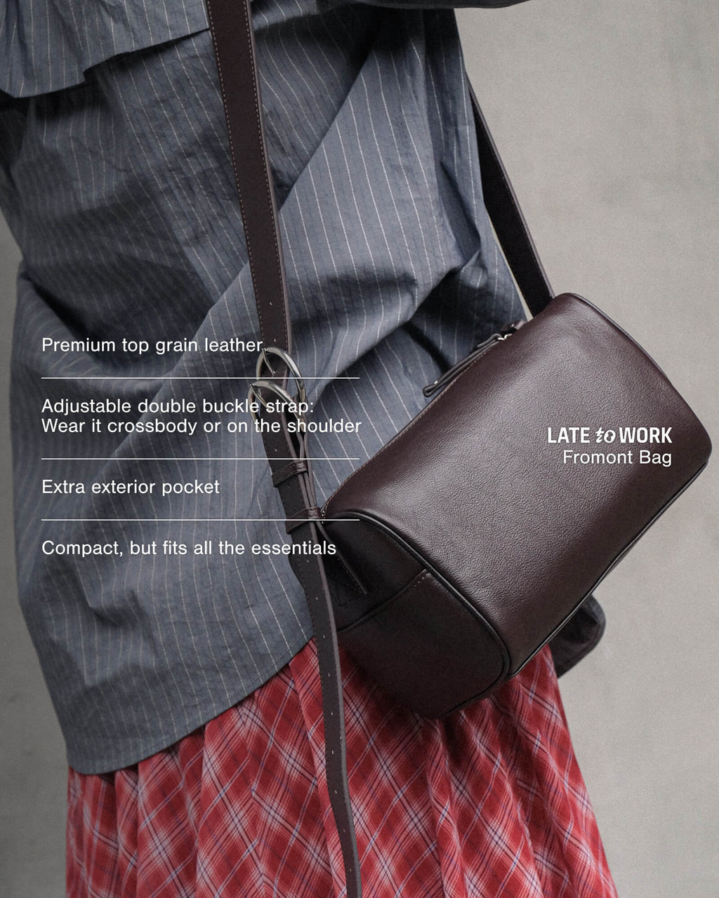 Brown Fromont Bag top-grain leather worn on the shoulder close up