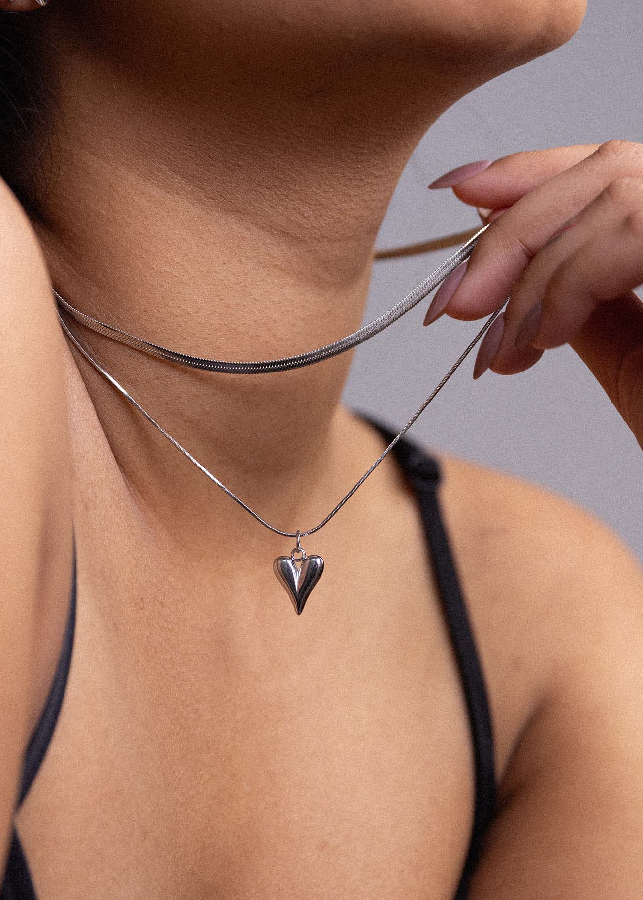 Sterling silver Georga necklace on female model close up