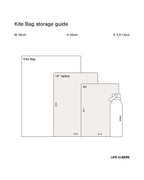 Kite bag storage guide with dimensions (W45cm H33cm D3.5-10cm) showing it can fit a 16-inch laptop