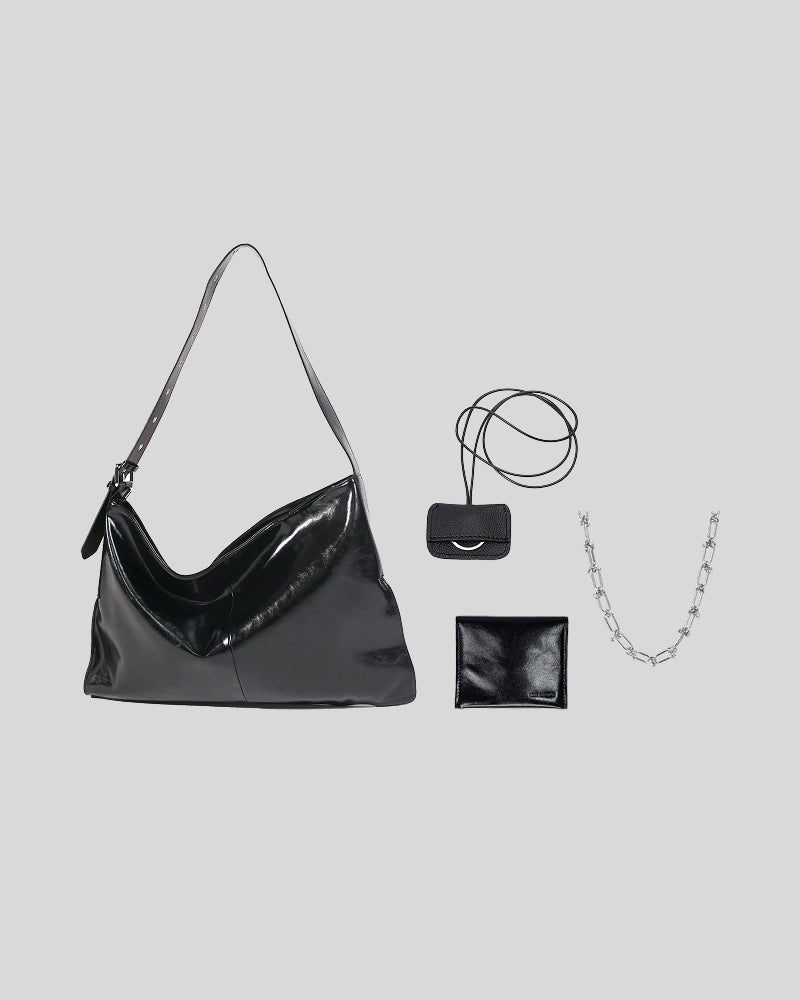 Black Kite Bag Bundle featuring the bag, Late Cardholder in black, Beni Key Tag ad Storm Cloud Necklace