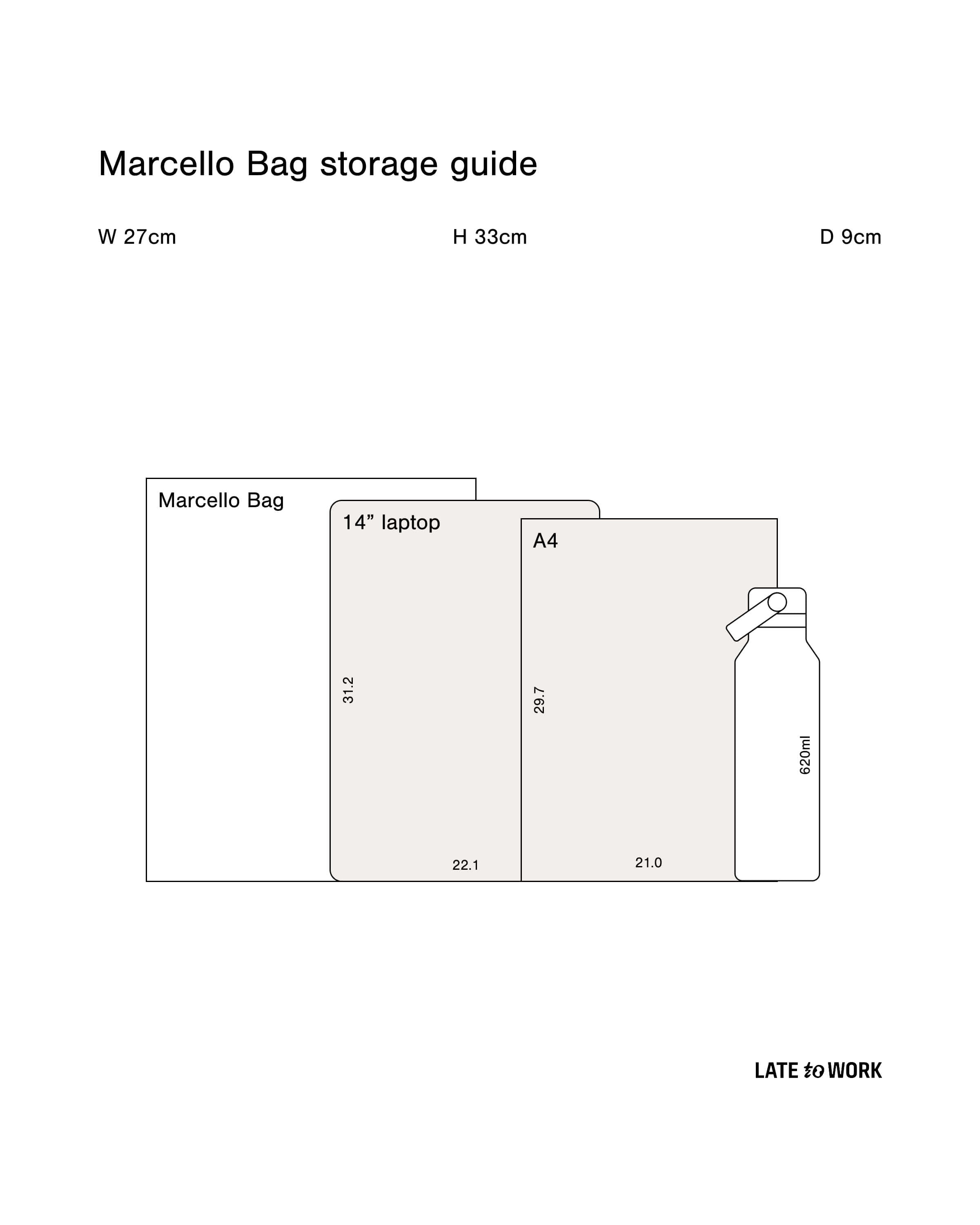 Marcello Bag storage guide with dimensions and items it can hold.
