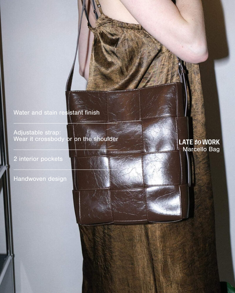 Marcello Brown crossbody genuine patent leather bag worn on shoulder