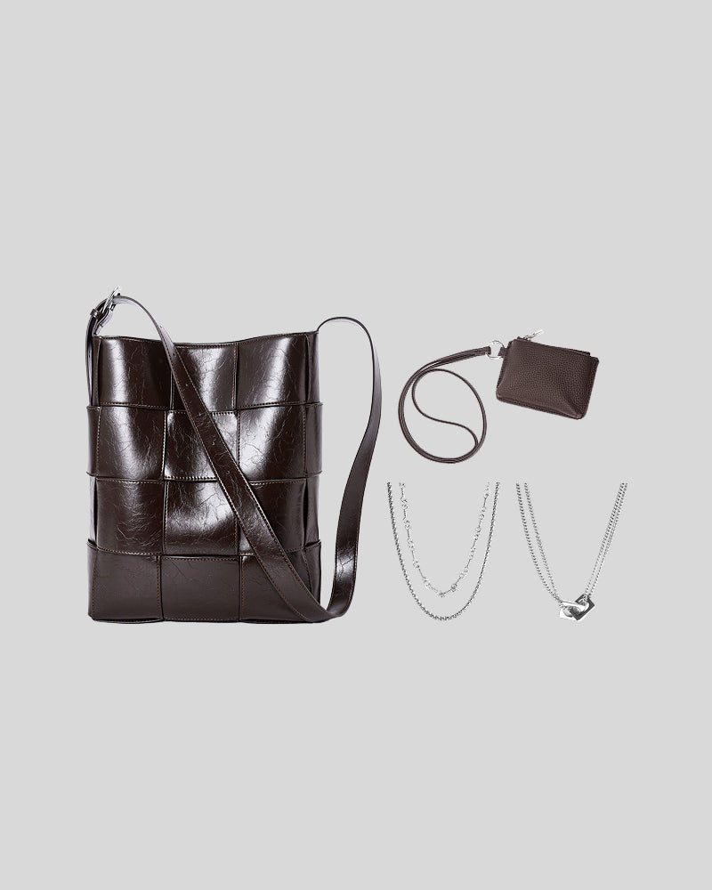 The Brown Marcello Bag Bundle featuring the bag, Aspen Leather Pouch, Annick Necklace and Kaitlin Necklace