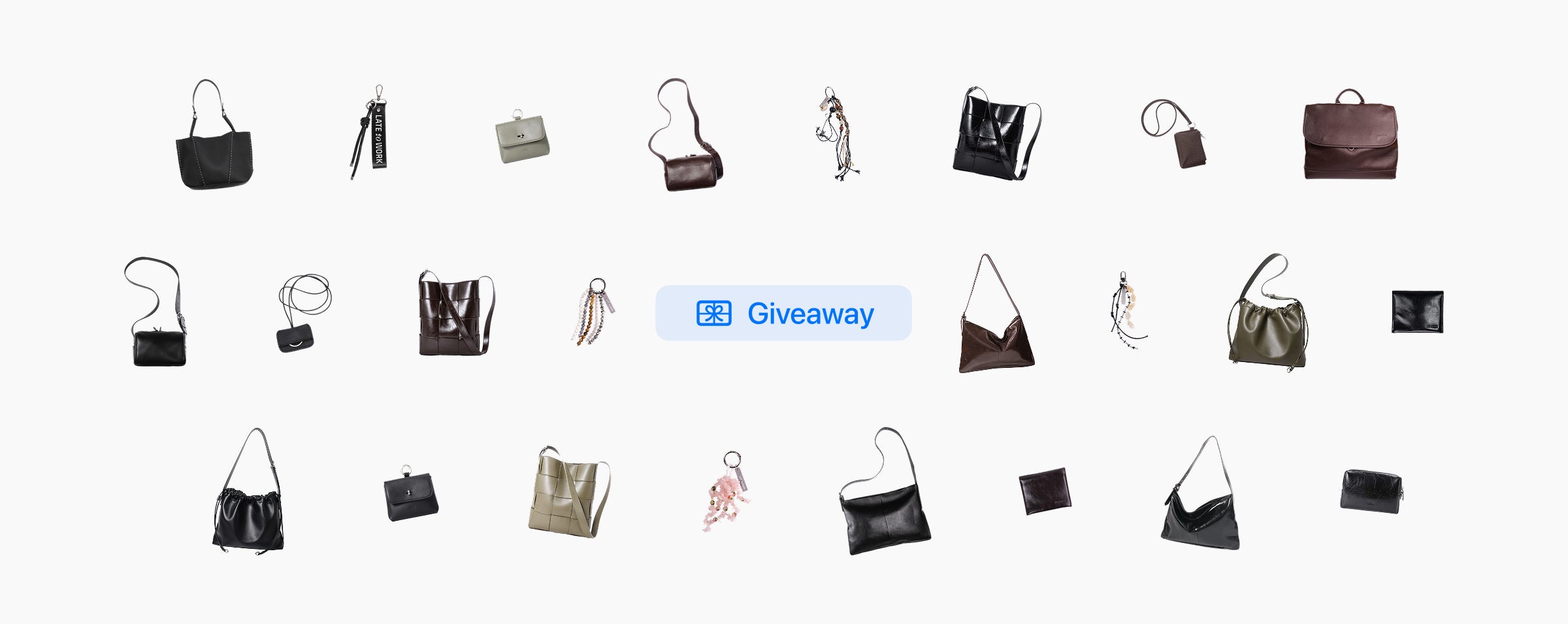 Collection of various handbags displayed on a white background with a 'Giveaway' label.