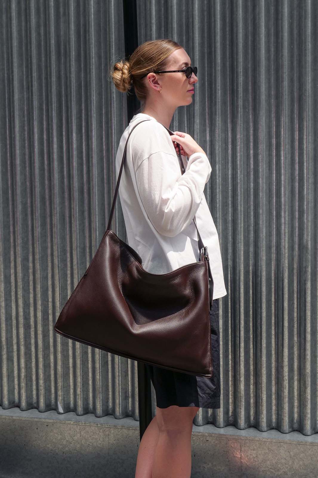 Brown Luxe Kite Bag worn on one shoulder