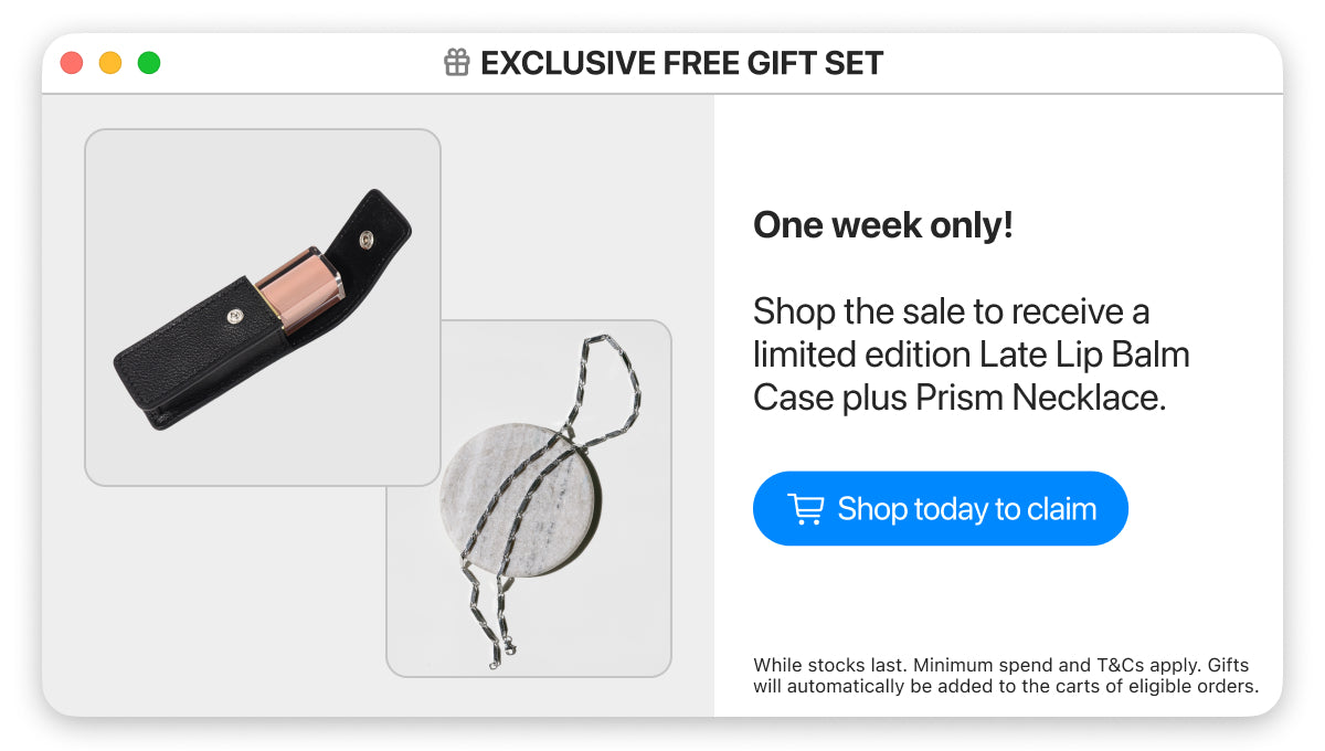 Promotional offer for a free gift set with a necklace and lip balm case, available for one week only.
