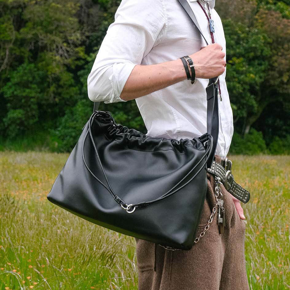Sage Crossbody | Black Leather Drawstring Laptop Bag | Wide Strap