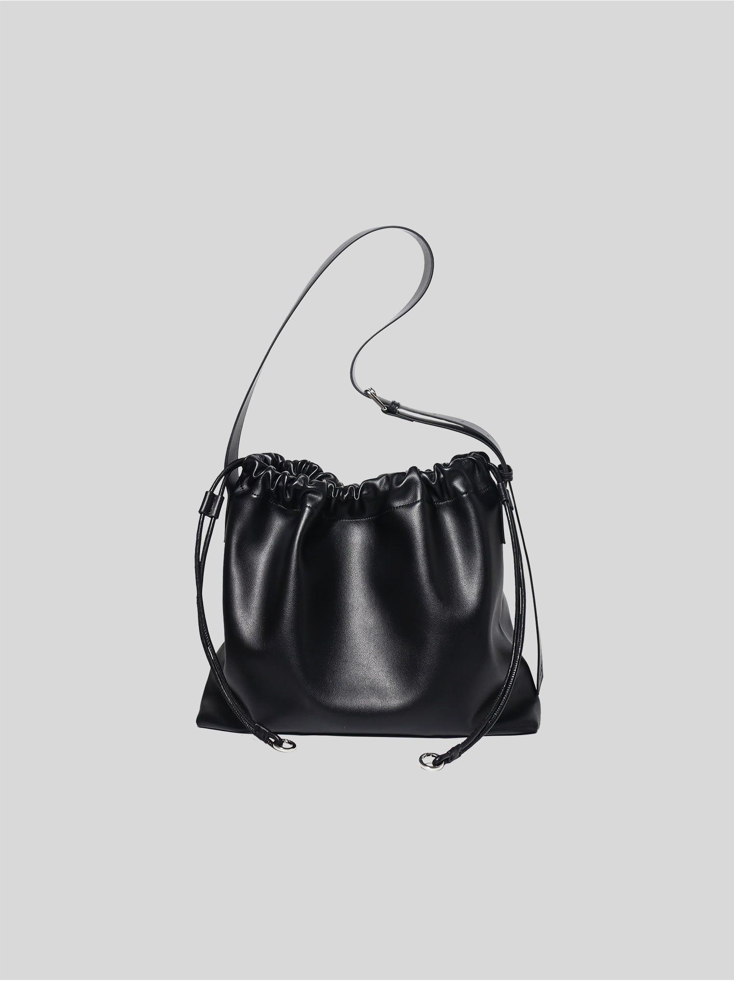 Sage Crossbody | Black Leather Drawstring Laptop Bag | Wide Strap