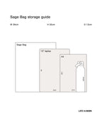 Sage Bag storage guide with dimensions and items it can hold on a white background.
