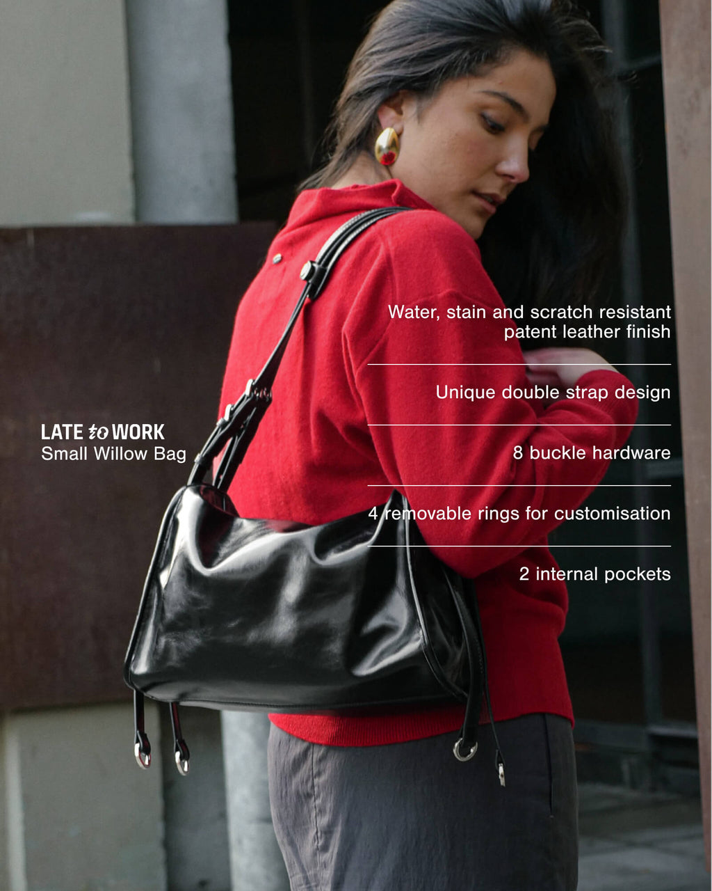 Small black Willow Bag with product features overlay: water, stain and scratch resistant patent leather finish, unique double strap design, 8 buckle hardware, 4 removable rings for customisation, 2 internal pockets