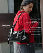Small black Willow Bag with product features overlay: water, stain and scratch resistant patent leather finish, unique double strap design, 8 buckle hardware, 4 removable rings for customisation, 2 internal pockets