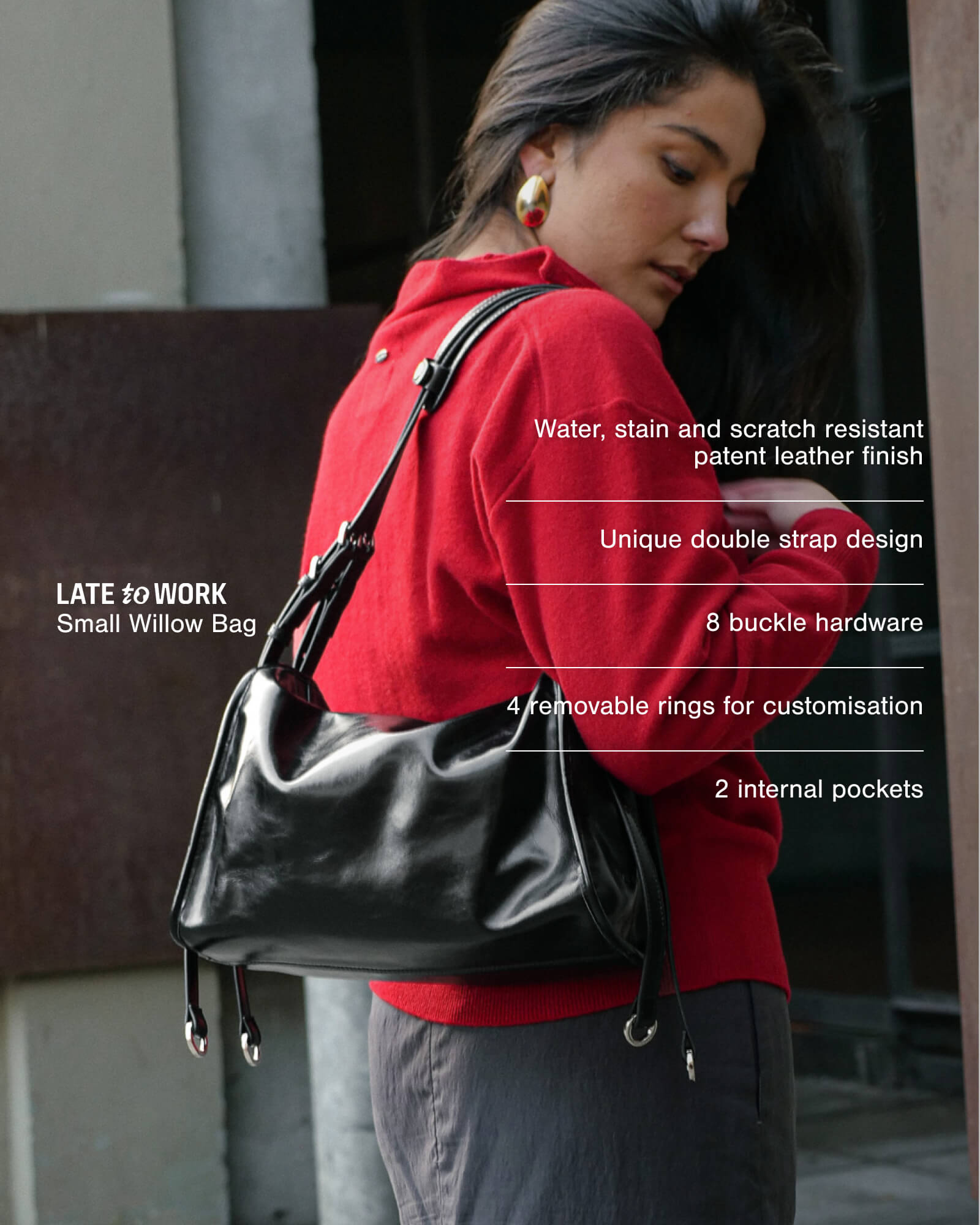 Small black Willow Bag with product features overlay: water, stain and scratch resistant patent leather finish, unique double strap design, 8 buckle hardware, 4 removable rings for customisation, 2 internal pockets