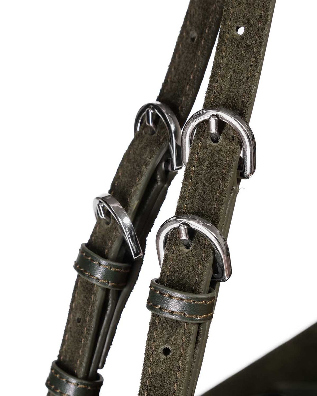 Close up of 4 buckles on Small Green Suede Willow Bag