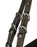 Close up of 4 buckles on Small Green Suede Willow Bag