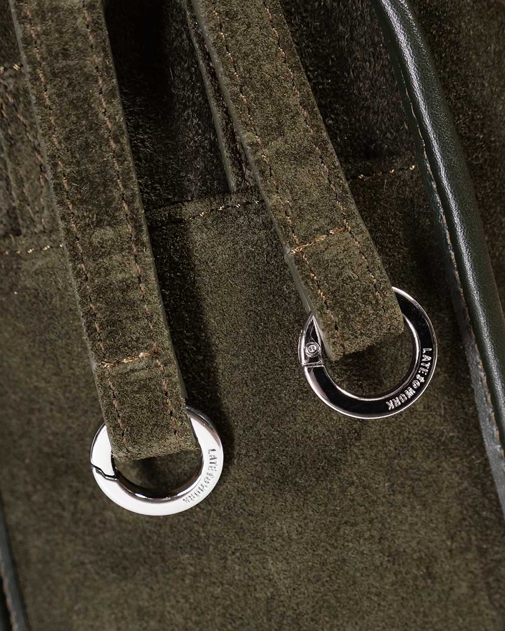 Close up of 2 removable Late to Work rings attached to Willow Bag straps