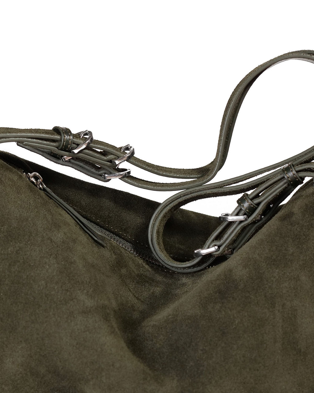 Close up of Green Suede Willow Bag straps