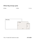 Storage guide for a Willow Bag with dimensions W 38cm, H 24cm D 11cm and items it can hold showing 11-inch iPad.
