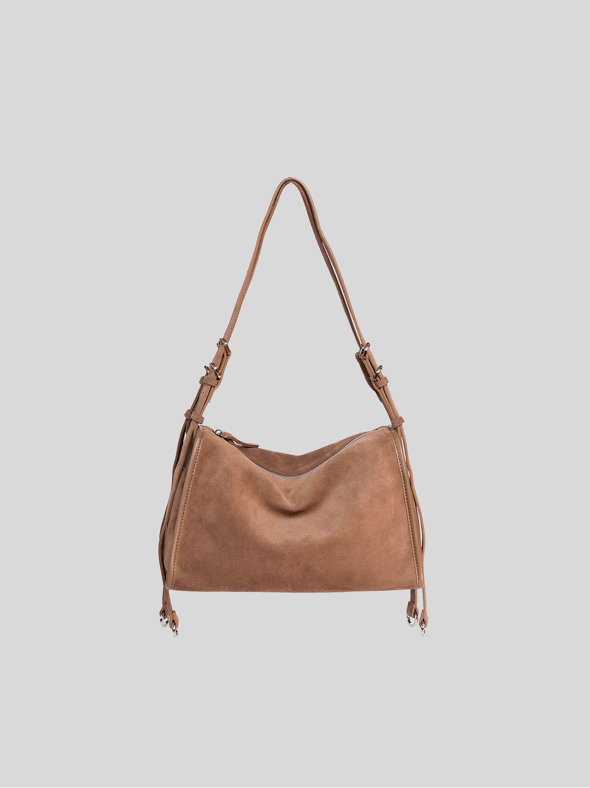 Small Willow Bag in Desert Suede on a plain grey background